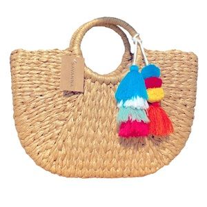 NWT Savannah Straw Woven Reed Tote with Multi-colored tassel adornment